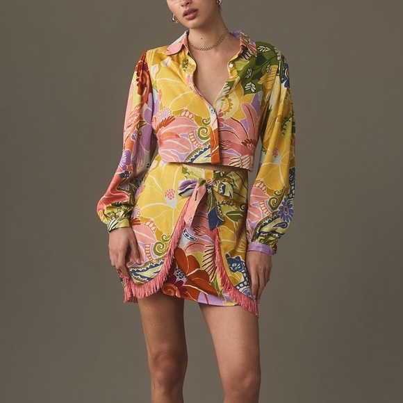 FARM Rio Dresses & Skirts - New FARM Rio Long Sleeve Tie Front Fringed Mini Dress